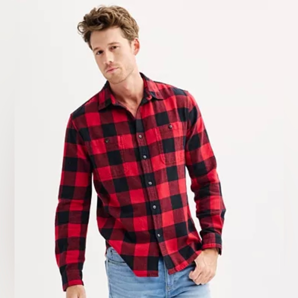 Sonoma Men’s Red And Black Buffalo Check Button-Down Flannel Shirt Size- Medium